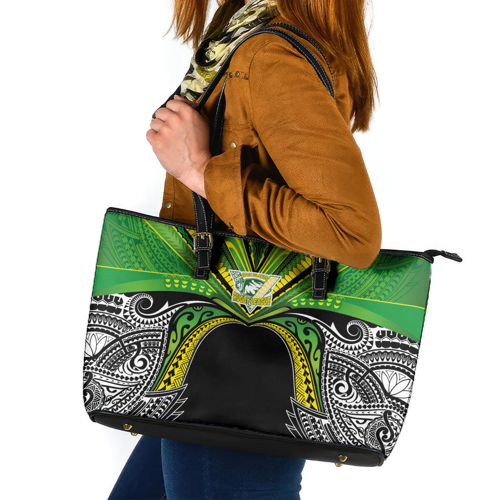 Cook Islands Rugby League Leather Tote Bag Polynesian and Tatau Tribal Art - Black Color