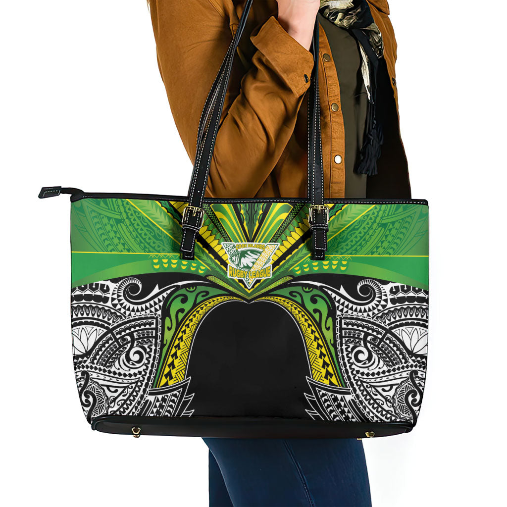 Cook Islands Rugby League Leather Tote Bag Polynesian and Tatau Tribal Art - Black Color
