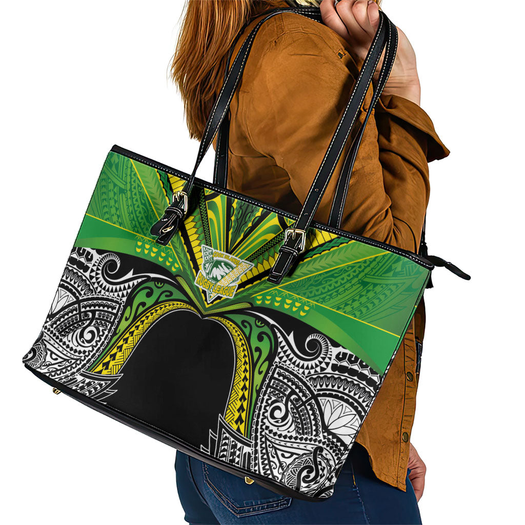 Cook Islands Rugby League Leather Tote Bag Polynesian and Tatau Tribal Art - Black Color