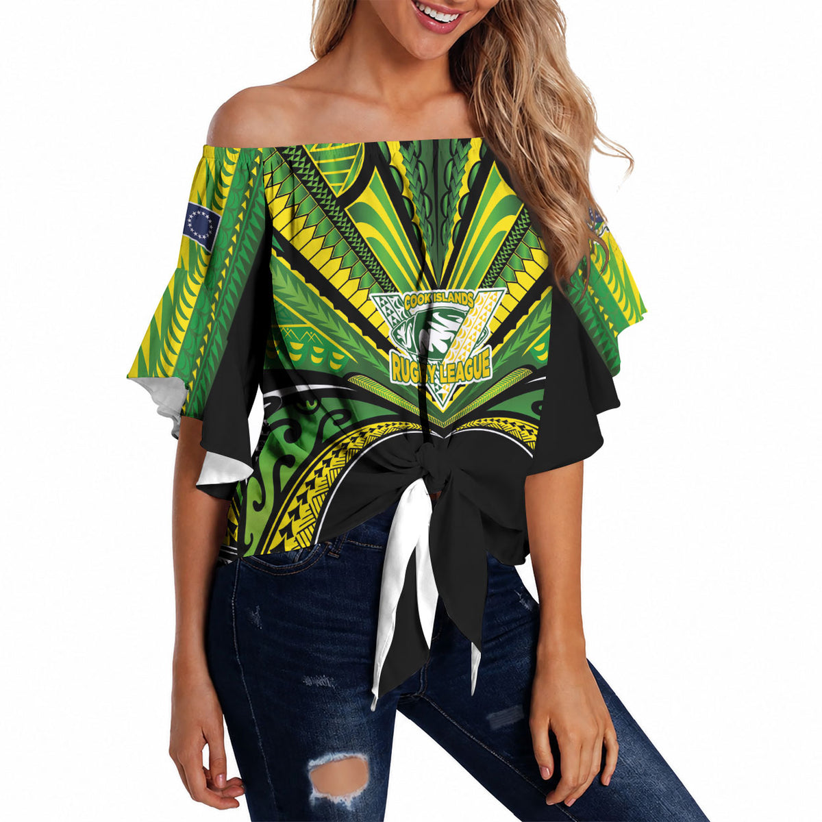 Cook Islands Rugby League Custom Off Shoulder Wrap Waist Top Polynesian and Tatau Tribal Art - Black Color