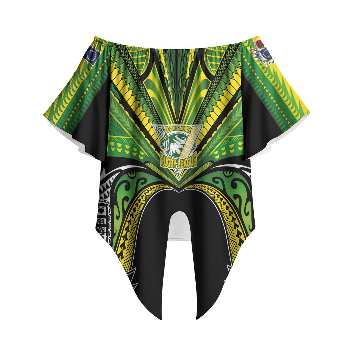 Cook Islands Rugby League Custom Off Shoulder Wrap Waist Top Polynesian and Tatau Tribal Art - Black Color