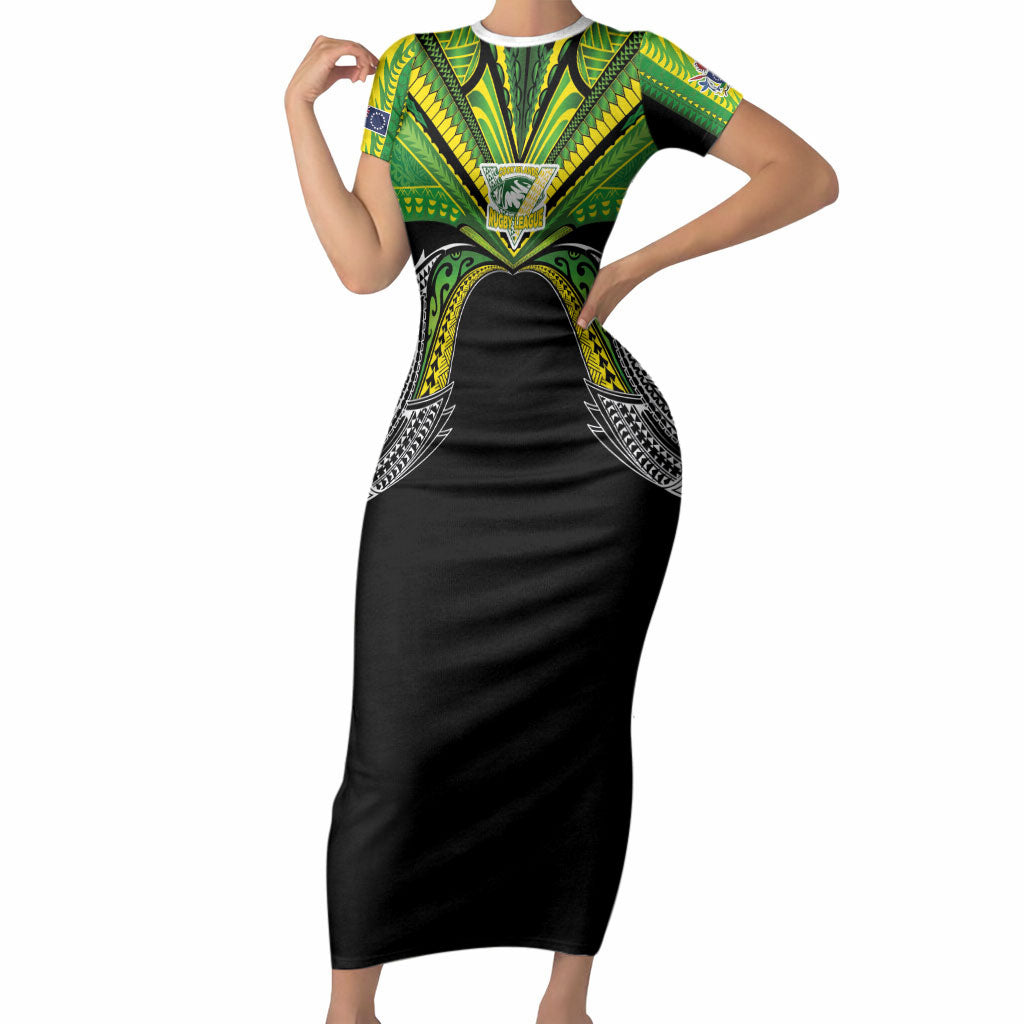 Cook Islands Rugby League Custom Short Sleeve Bodycon Dress Polynesian and Tatau Tribal Art - Black Color