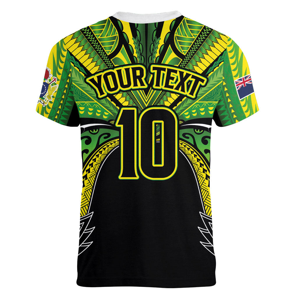 Cook Islands Rugby League Custom Women V-Neck T-Shirt Polynesian and Tatau Tribal Art - Black Color