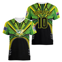 Cook Islands Rugby League Custom Women V-Neck T-Shirt Polynesian and Tatau Tribal Art - Black Color