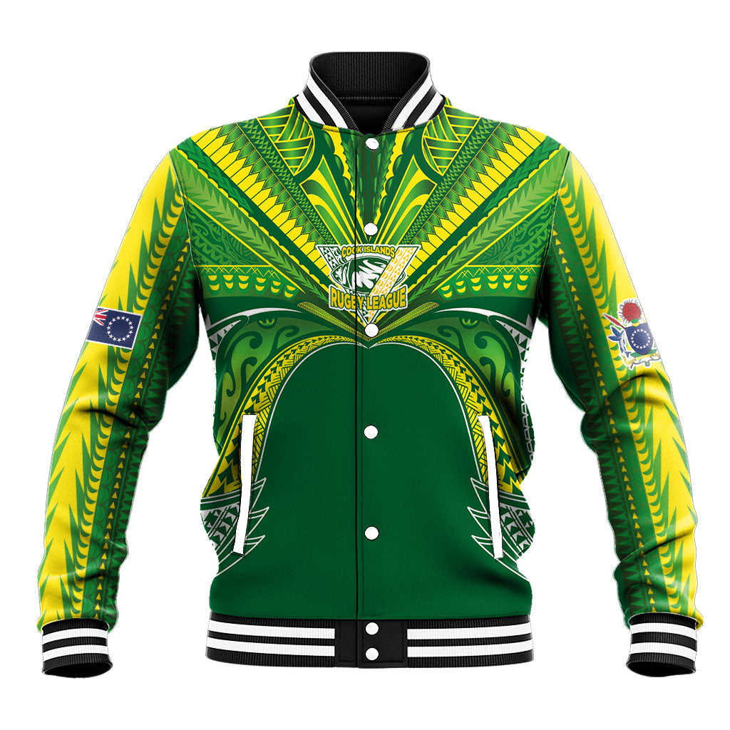 Cook Islands Rugby League Custom Baseball Jacket Polynesian and Tatau Tribal Art - Green Color LT03 Unisex Green - Polynesian Pride