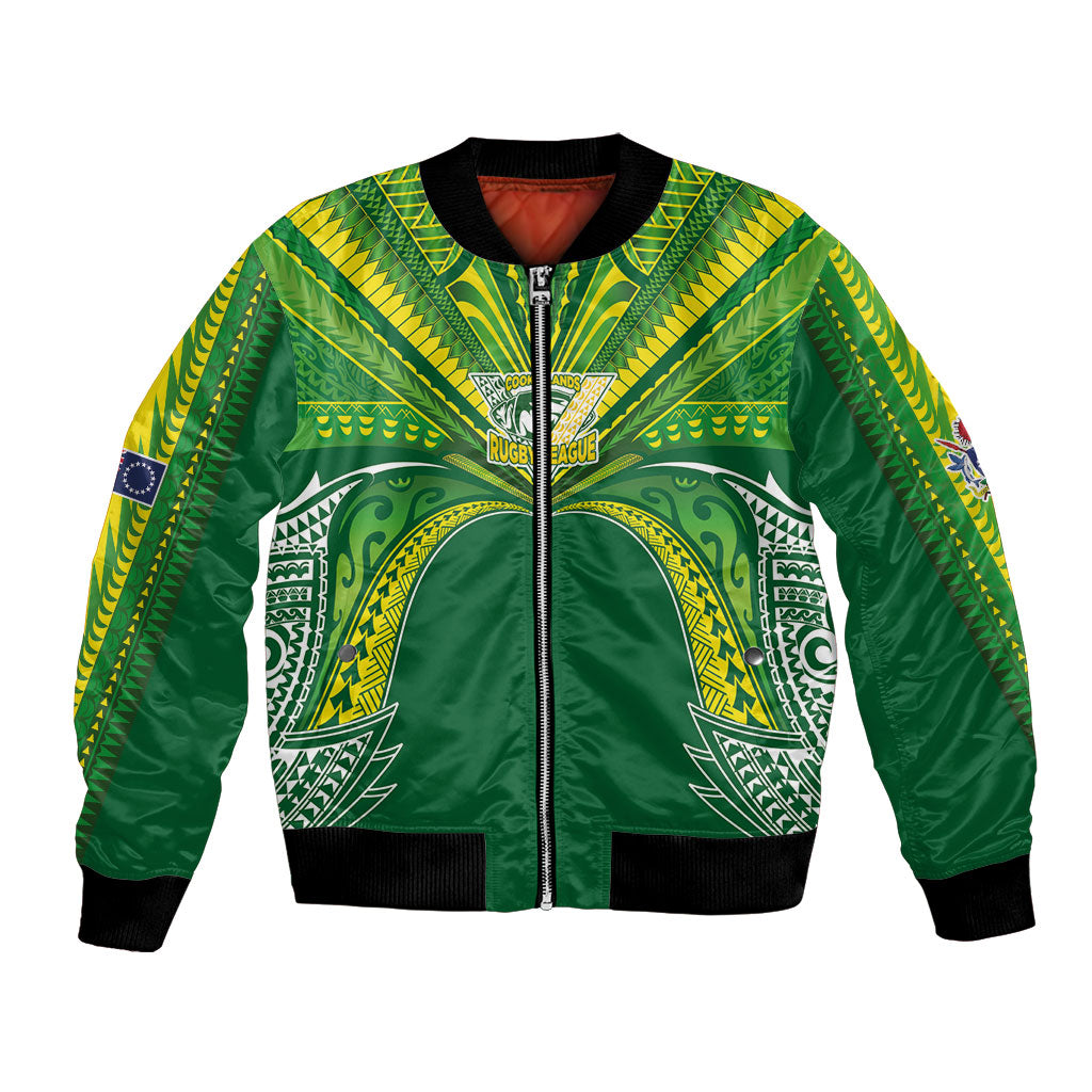Cook Islands Rugby League Custom Bomber Jacket Polynesian and Tatau Tribal Art - Green Color