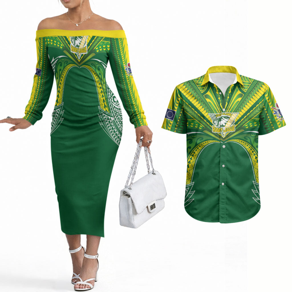 Cook Islands Rugby League Custom Couples Matching Off The Shoulder Long Sleeve Dress and Hawaiian Shirt Polynesian and Tatau Tribal Art - Green Color LT03 Green - Polynesian Pride