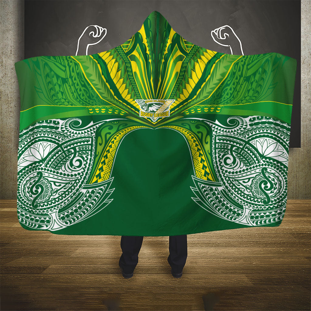 Cook Islands Rugby League Hooded Blanket Polynesian and Tatau Tribal Art - Green Color