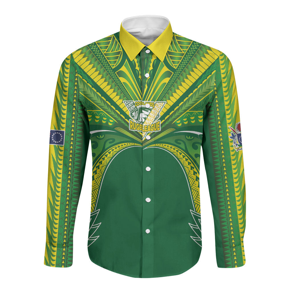 Cook Islands Rugby League Custom Long Sleeve Button Shirt Polynesian and Tatau Tribal Art - Green Color