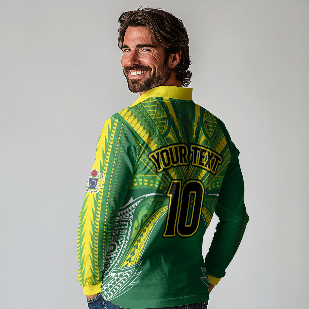 Cook Islands Rugby League Custom Long Sleeve Polo Shirt Polynesian and Tatau Tribal Art - Green Color LT03 - Polynesian Pride