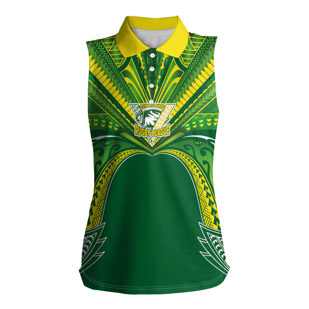 Cook Islands Rugby League Custom Women Sleeveless Polo Shirt Polynesian and Tatau Tribal Art - Green Color