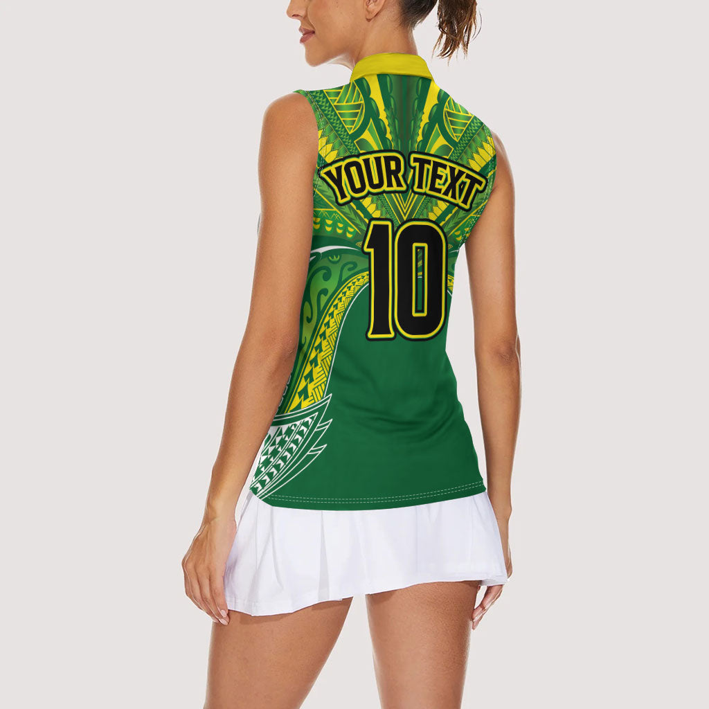 Cook Islands Rugby League Custom Women Sleeveless Polo Shirt Polynesian and Tatau Tribal Art - Green Color