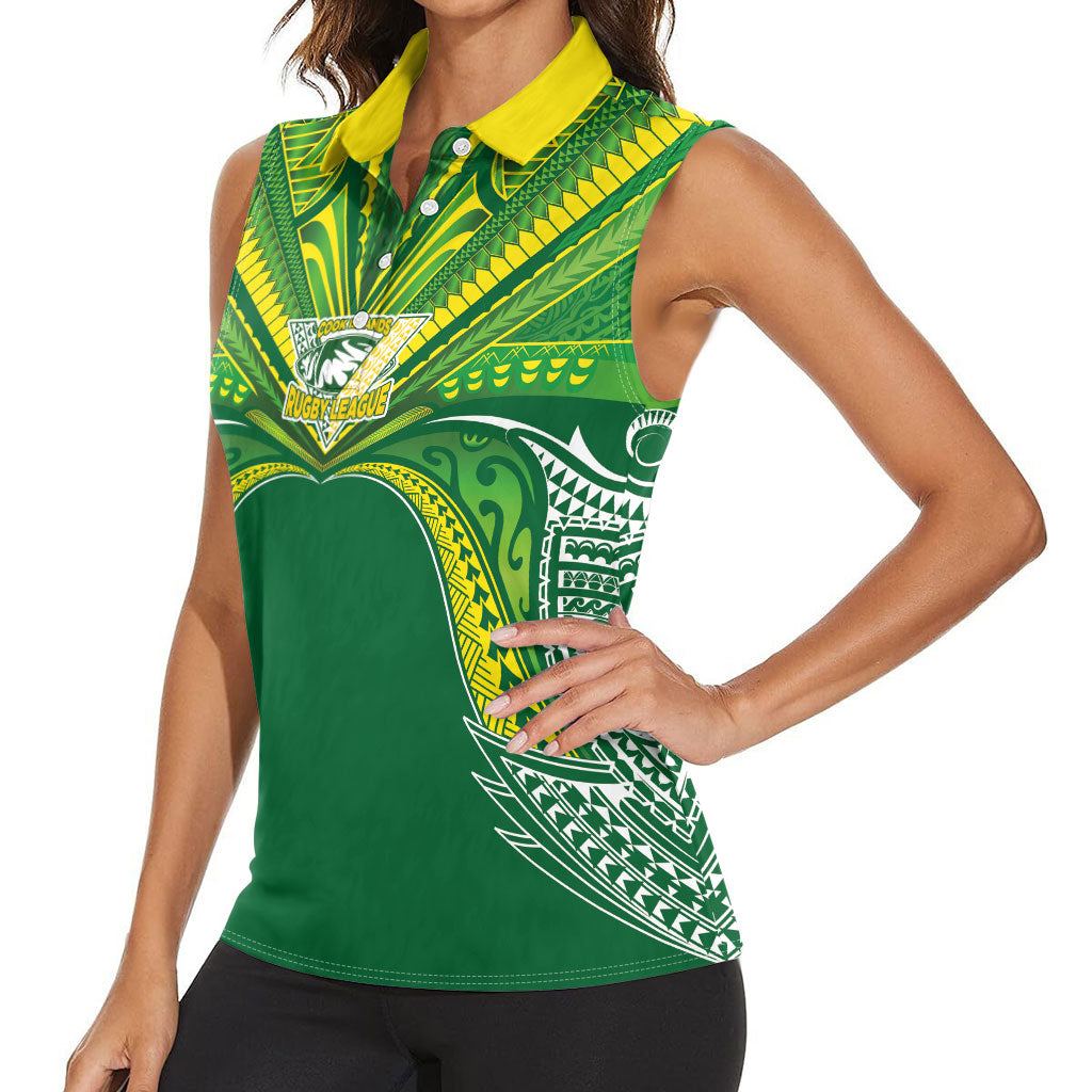Cook Islands Rugby League Custom Women Sleeveless Polo Shirt Polynesian and Tatau Tribal Art - Green Color