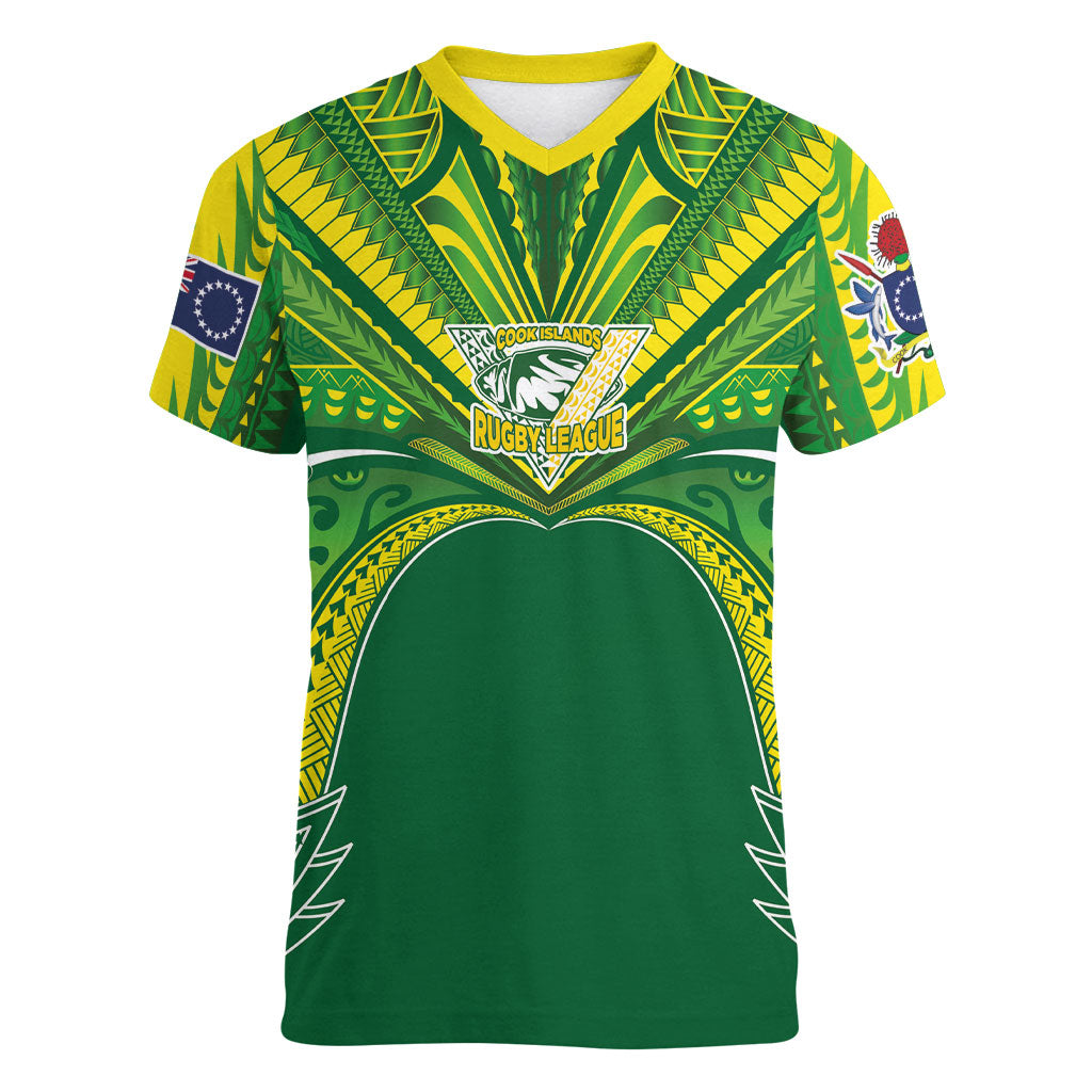 Cook Islands Rugby League Custom Women V-Neck T-Shirt Polynesian and Tatau Tribal Art - Green Color