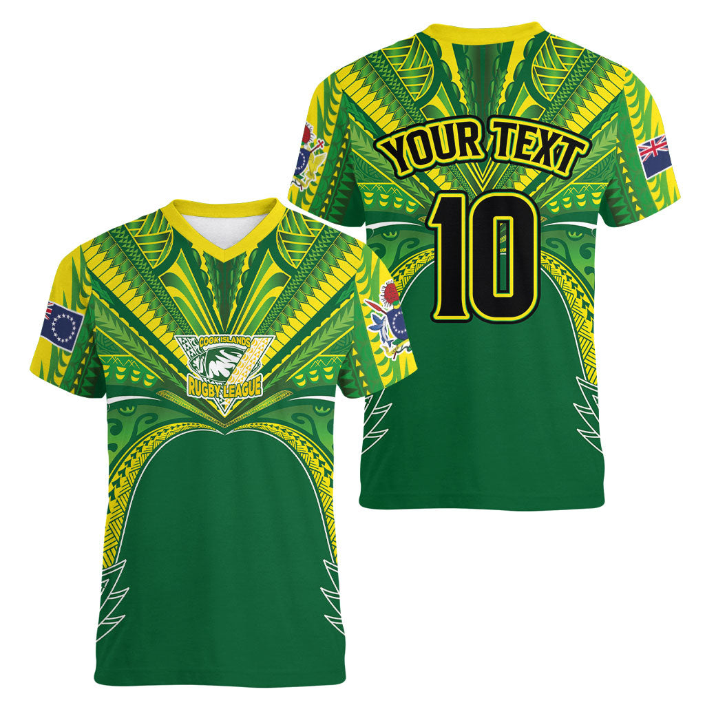 Cook Islands Rugby League Custom Women V-Neck T-Shirt Polynesian and Tatau Tribal Art - Green Color