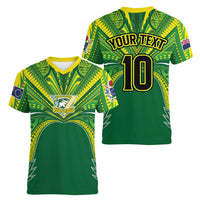 Cook Islands Rugby League Custom Women V-Neck T-Shirt Polynesian and Tatau Tribal Art - Green Color