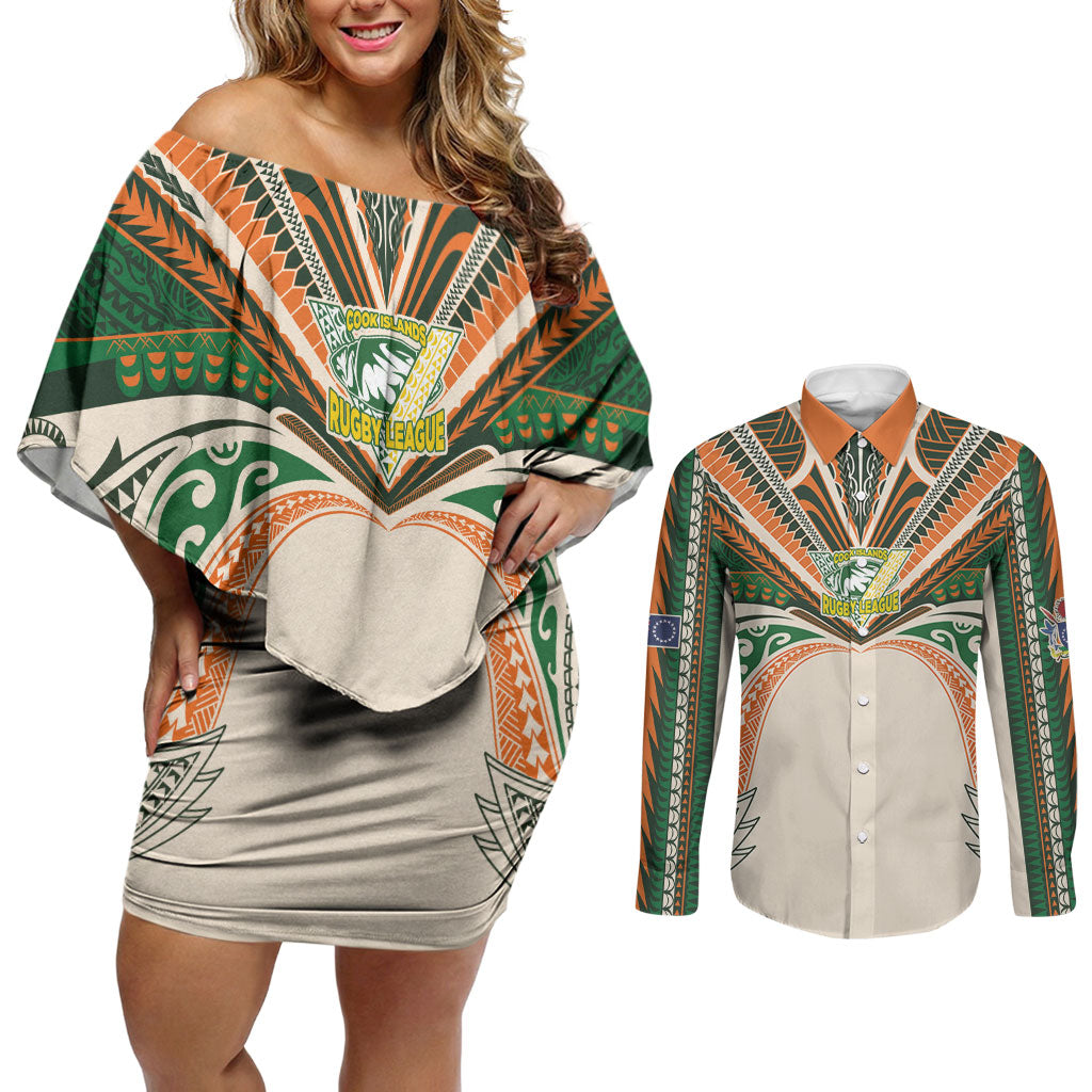 Cook Islands Rugby League Custom Couples Matching Off Shoulder Short Dress and Long Sleeve Button Shirt Polynesian and Tatau Tribal Art - Retro Palette LT03 Multicolor - Polynesian Pride