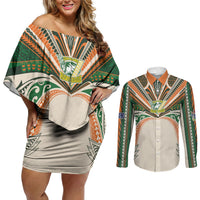 Cook Islands Rugby League Custom Couples Matching Off Shoulder Short Dress and Long Sleeve Button Shirt Polynesian and Tatau Tribal Art - Retro Palette LT03 Multicolor - Polynesian Pride