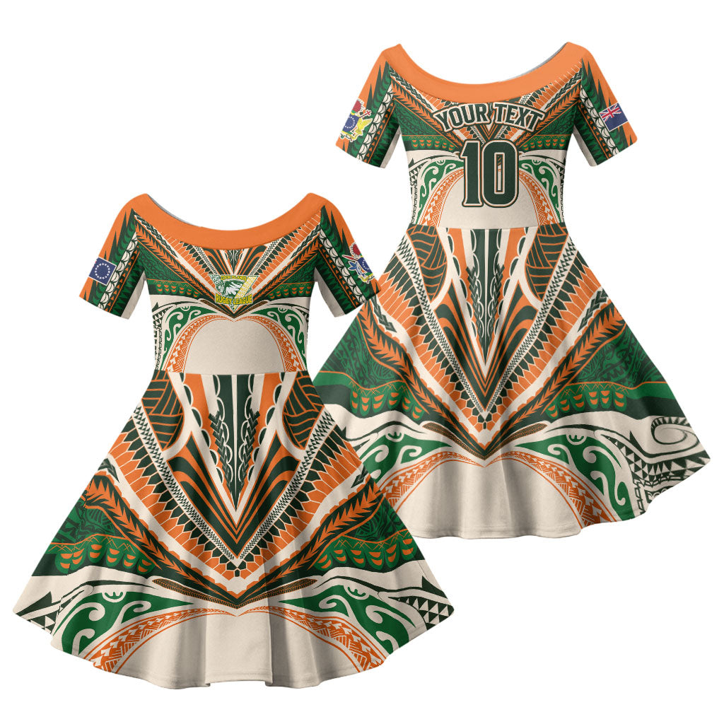 Cook Islands Rugby League Custom Family Matching Off Shoulder Short Dress and Hawaiian Shirt Polynesian and Tatau Tribal Art - Retro Palette LT03 Daughter's Dress Multicolor - Polynesian Pride