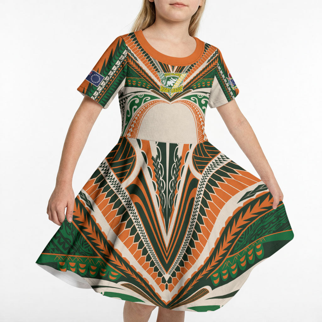 Cook Islands Rugby League Custom Kid Short Sleeve Dress Polynesian and Tatau Tribal Art - Retro Palette