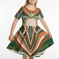 Cook Islands Rugby League Custom Kid Short Sleeve Dress Polynesian and Tatau Tribal Art - Retro Palette