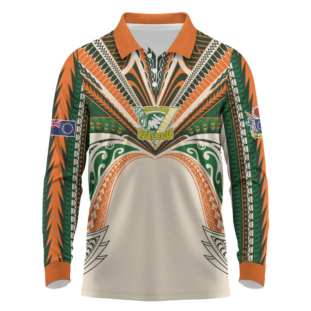 Cook Islands Rugby League Custom Long Sleeve Polo Shirt Polynesian and Tatau Tribal Art - Retro Palette