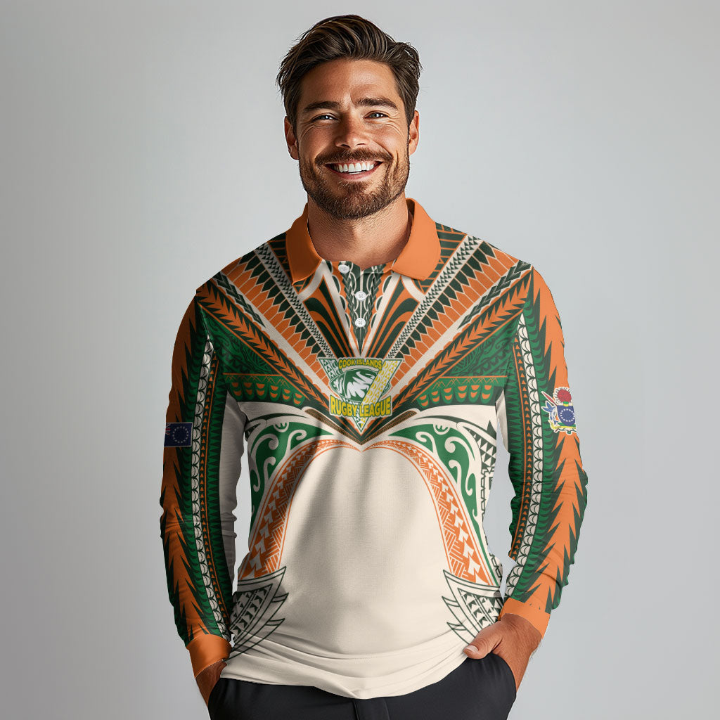 Cook Islands Rugby League Custom Long Sleeve Polo Shirt Polynesian and Tatau Tribal Art - Retro Palette