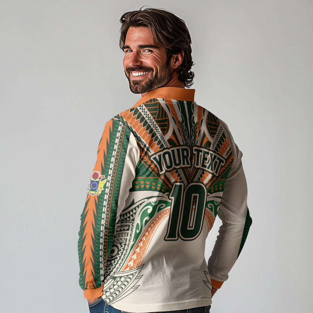 Cook Islands Rugby League Custom Long Sleeve Polo Shirt Polynesian and Tatau Tribal Art - Retro Palette