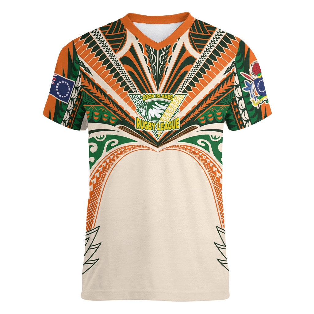 Cook Islands Rugby League Custom Women V-Neck T-Shirt Polynesian and Tatau Tribal Art - Retro Palette