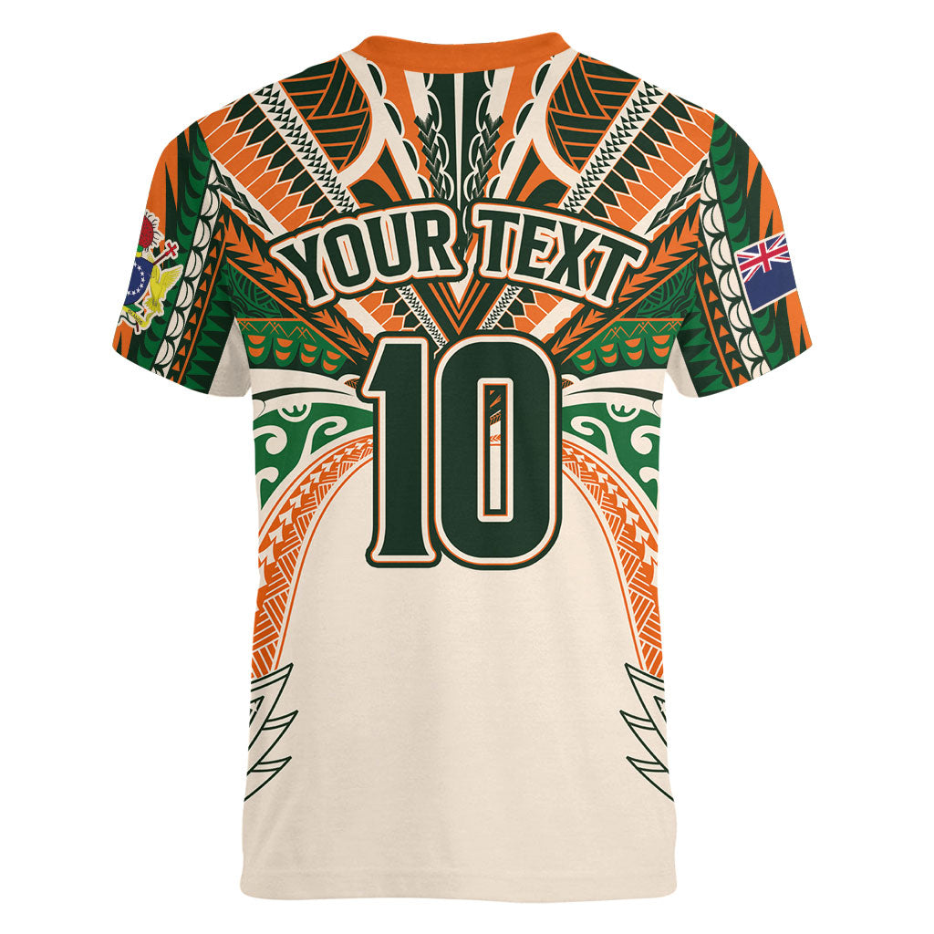 Cook Islands Rugby League Custom Women V-Neck T-Shirt Polynesian and Tatau Tribal Art - Retro Palette
