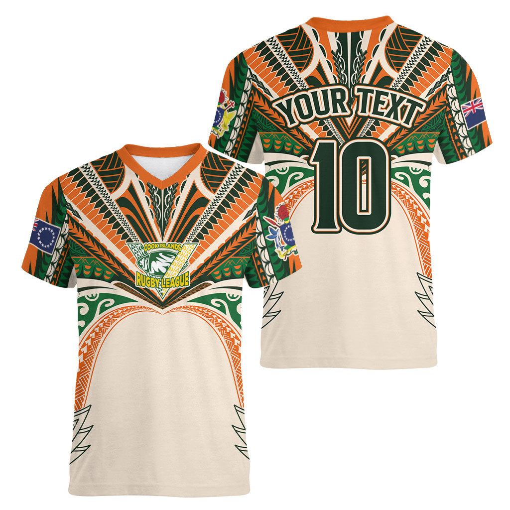 Cook Islands Rugby League Custom Women V-Neck T-Shirt Polynesian and Tatau Tribal Art - Retro Palette