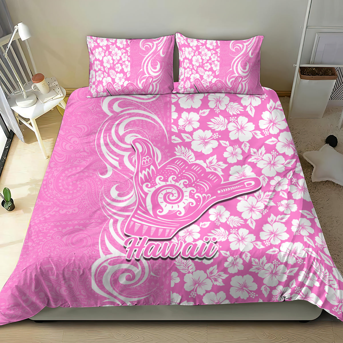 Hawaii Kauai Island Bedding Set Hibiscus Pattern Seamless Tribal Simple Pink LT03 - Polynesian Pride