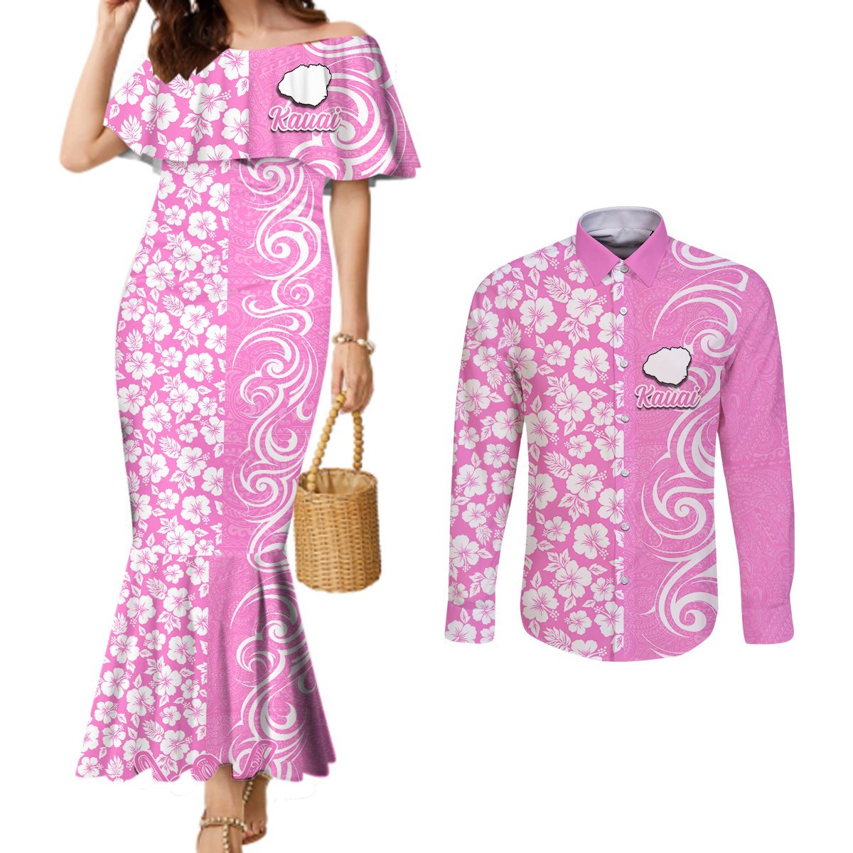 Hawaii Kauai Island Couples Matching Mermaid Dress and Long Sleeve Button Shirts Hibiscus Pattern Seamless Tribal Simple Pink LT03 Pink - Polynesian Pride