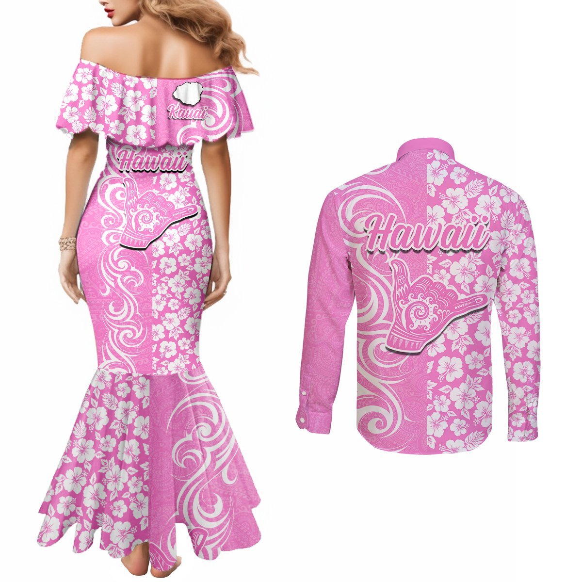 Hawaii Kauai Island Couples Matching Mermaid Dress and Long Sleeve Button Shirts Hibiscus Pattern Seamless Tribal Simple Pink LT03 - Polynesian Pride