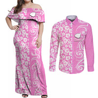 Hawaii Kauai Island Couples Matching Off Shoulder Maxi Dress and Long Sleeve Button Shirts Hibiscus Pattern Seamless Tribal Simple Pink LT03 Pink - Polynesian Pride