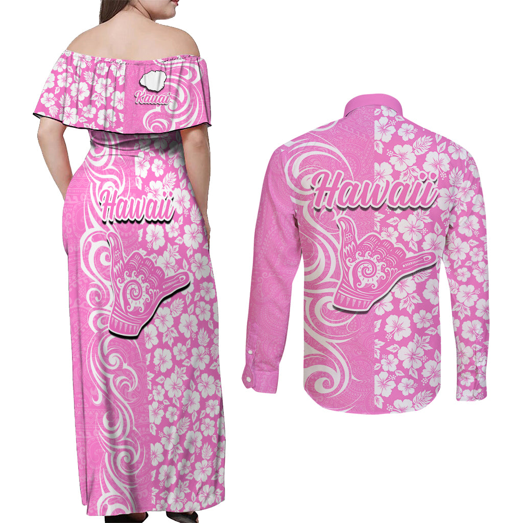 Hawaii Kauai Island Couples Matching Off Shoulder Maxi Dress and Long Sleeve Button Shirts Hibiscus Pattern Seamless Tribal Simple Pink LT03 - Polynesian Pride
