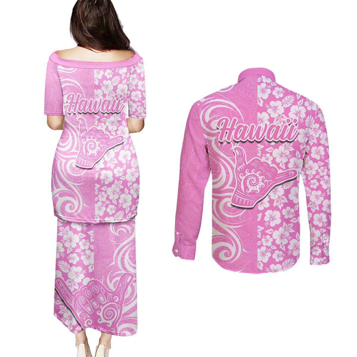 Hawaii Kauai Island Couples Matching Puletasi Dress and Long Sleeve Button Shirts Hibiscus Pattern Seamless Tribal Simple Pink LT03 - Polynesian Pride