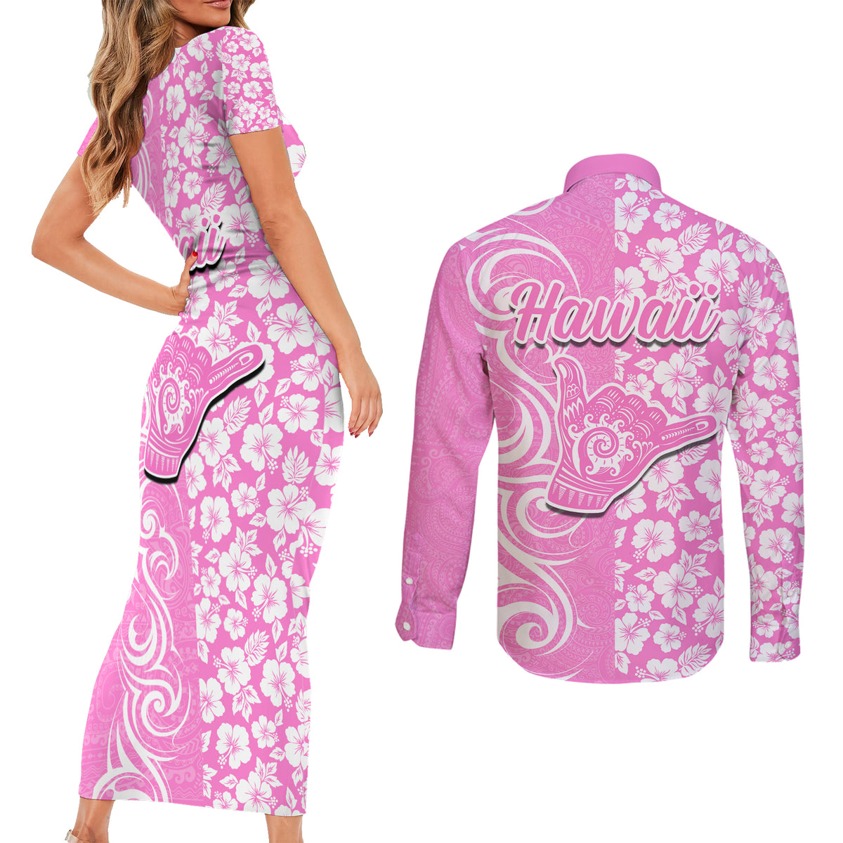 Hawaii Kauai Island Couples Matching Short Sleeve Bodycon Dress and Long Sleeve Button Shirts Hibiscus Pattern Seamless Tribal Simple Pink LT03 - Polynesian Pride