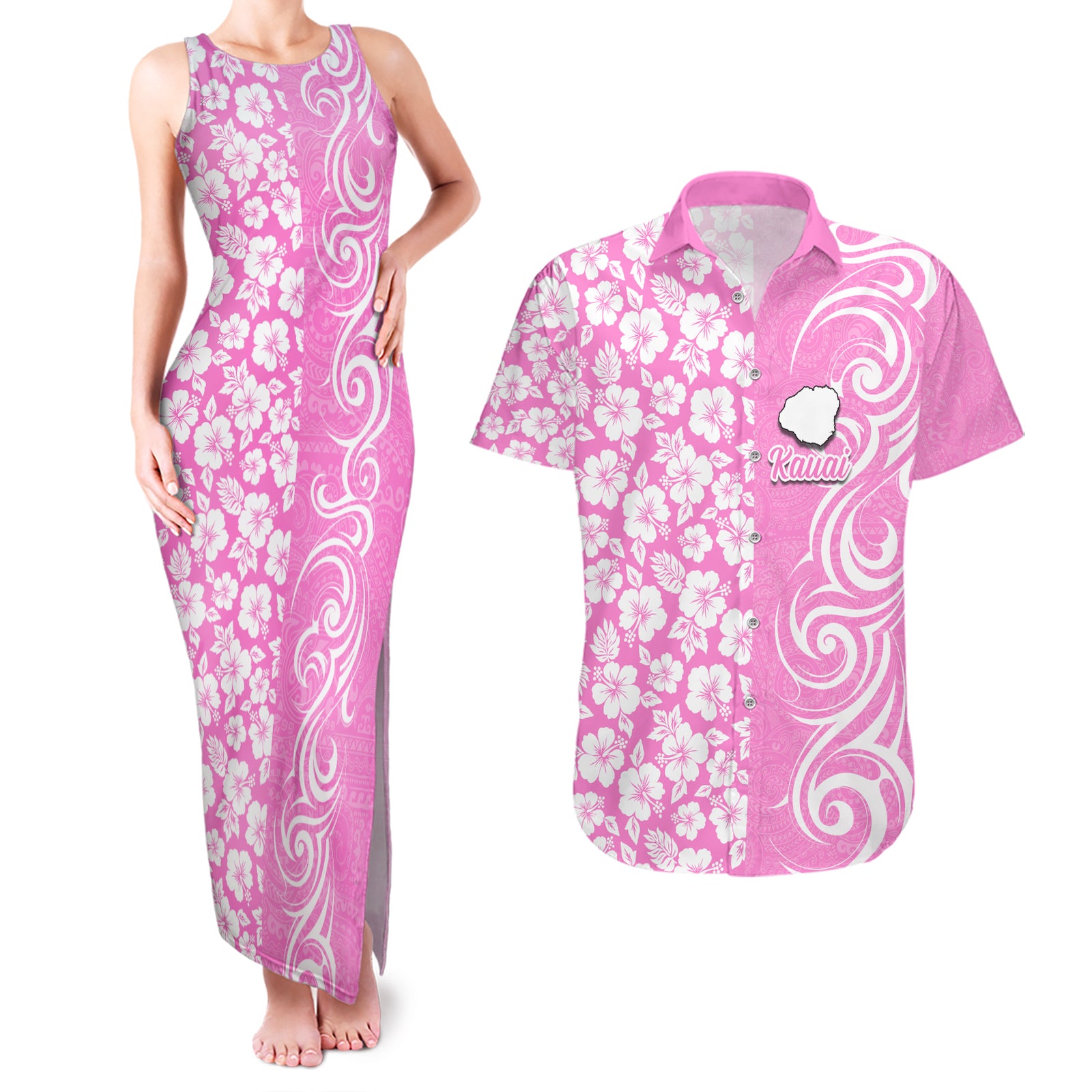 Hawaii Kauai Island Couples Matching Tank Maxi Dress and Hawaiian Shirt Hibiscus Pattern Seamless Tribal Simple Pink LT03 Pink - Polynesian Pride