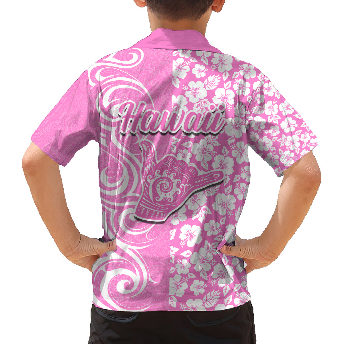 Hawaii Kauai Island Family Matching Off Shoulder Short Dress and Hawaiian Shirt Hibiscus Pattern Seamless Tribal Simple Pink LT03 - Polynesian Pride