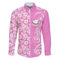 Hawaii Kauai Island Family Matching Puletasi Dress and Hawaiian Shirt Hibiscus Pattern Seamless Tribal Simple Pink LT03 Dad's Shirt - Long Sleeve Pink - Polynesian Pride