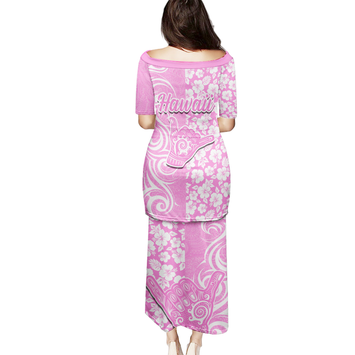 Hawaii Kauai Island Family Matching Puletasi Dress and Hawaiian Shirt Hibiscus Pattern Seamless Tribal Simple Pink LT03 - Polynesian Pride