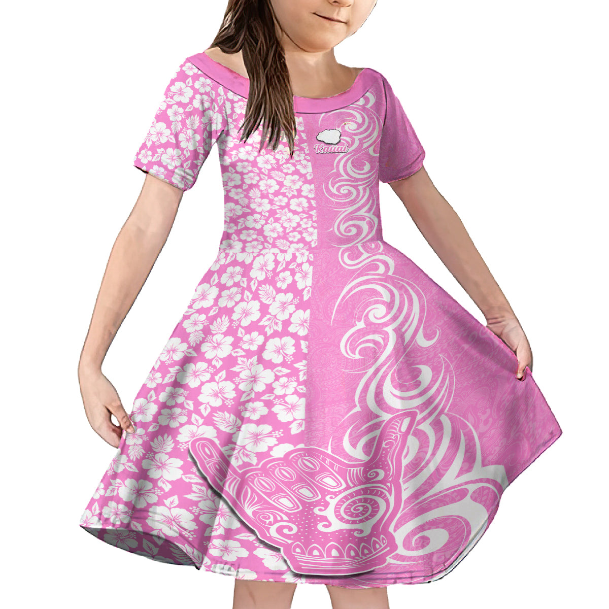 Hawaii Kauai Island Kid Short Sleeve Dress Hibiscus Pattern Seamless Tribal Simple Pink LT03 KID Pink - Polynesian Pride