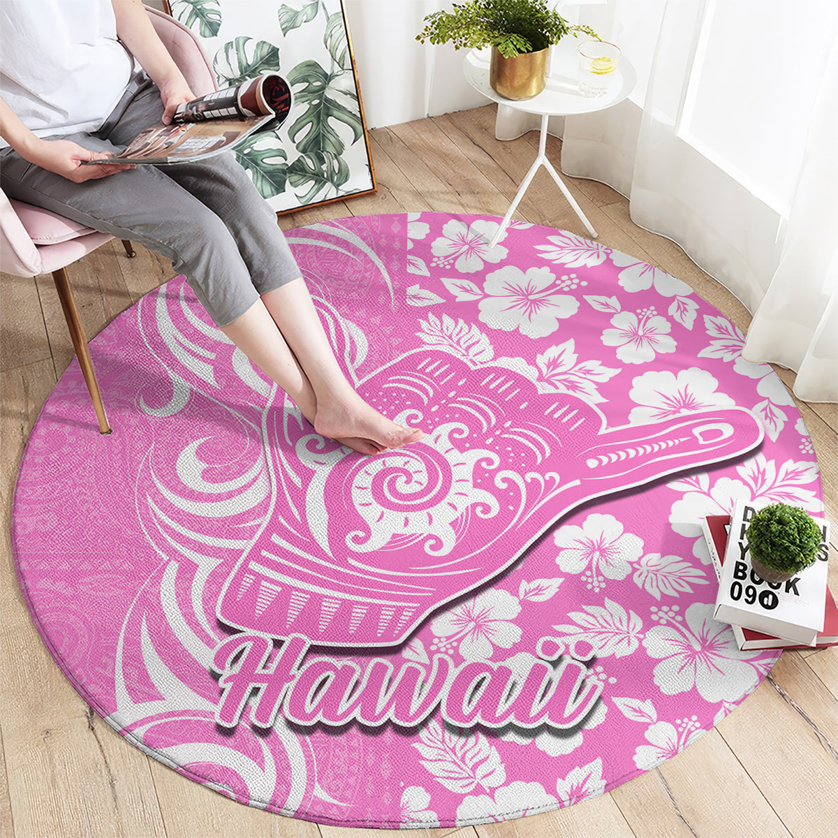 Hawaii Kauai Island Round Carpet Hibiscus Pattern Seamless Tribal Simple Pink LT03 - Polynesian Pride