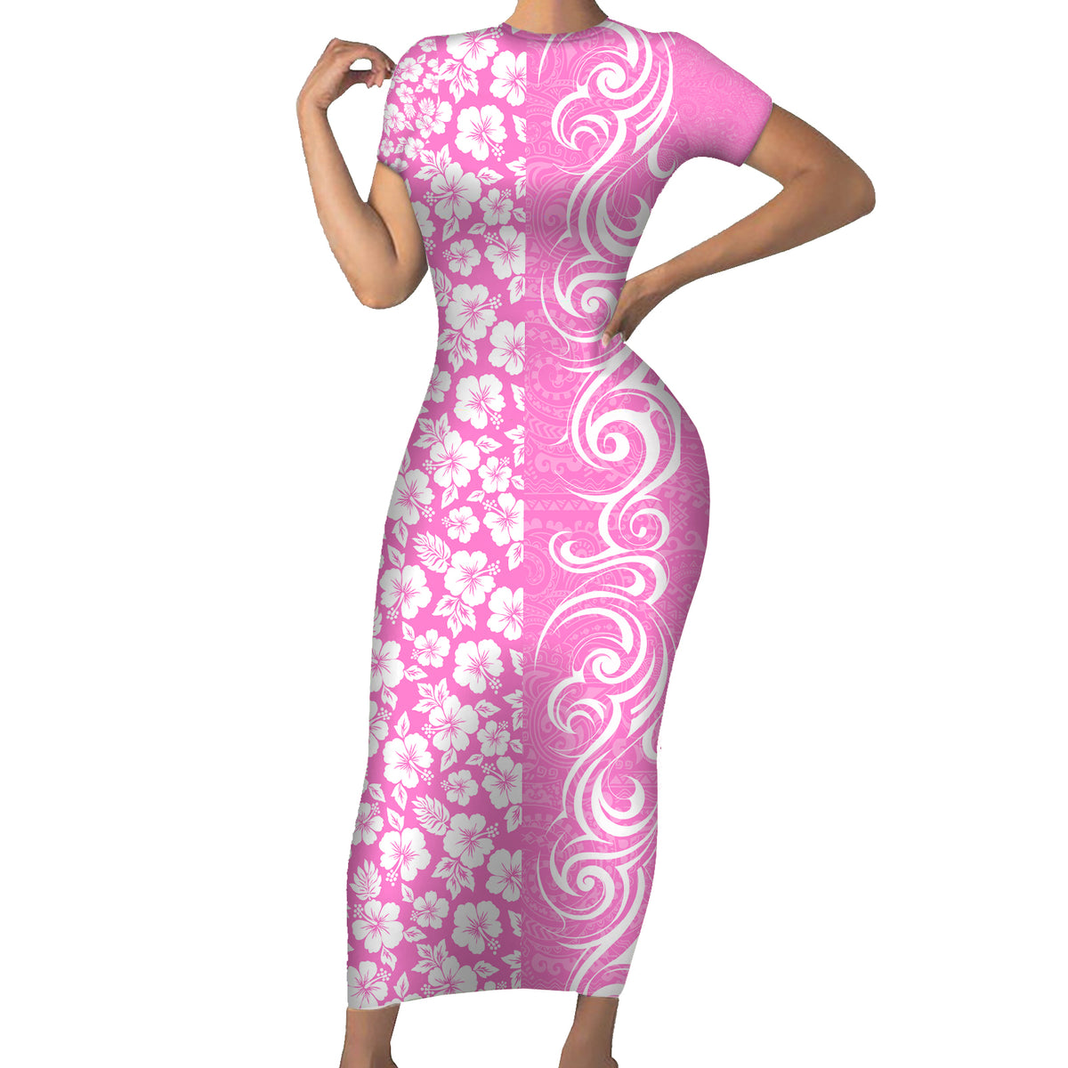 Hawaii Kauai Island Short Sleeve Bodycon Dress Hibiscus Pattern Seamless Tribal Simple Pink LT03 Long Dress Pink - Polynesian Pride