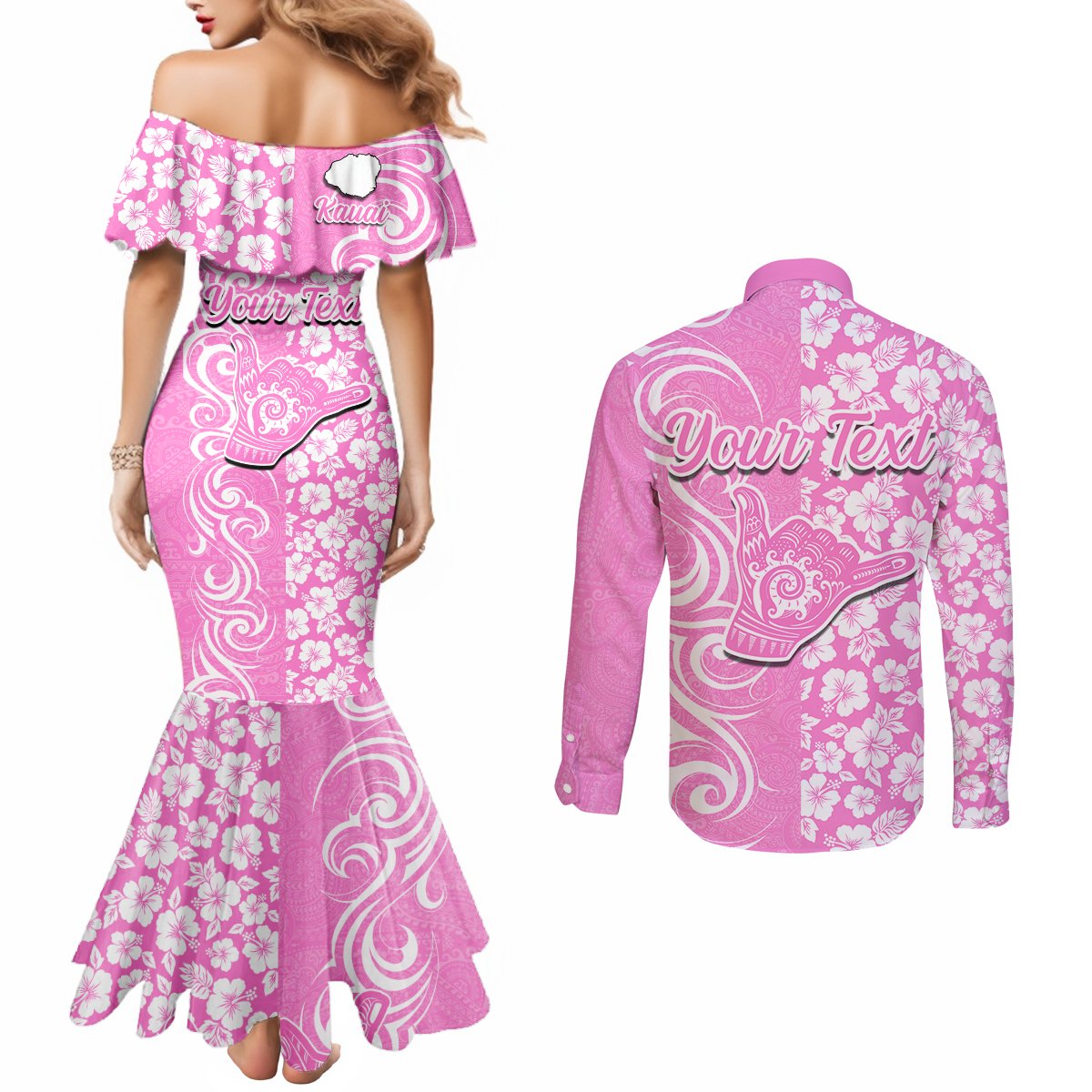 Custom Hawaii Kauai Island Couples Matching Mermaid Dress and Long Sleeve Button Shirts Hibiscus Pattern Seamless Tribal Simple Pink LT03 - Polynesian Pride