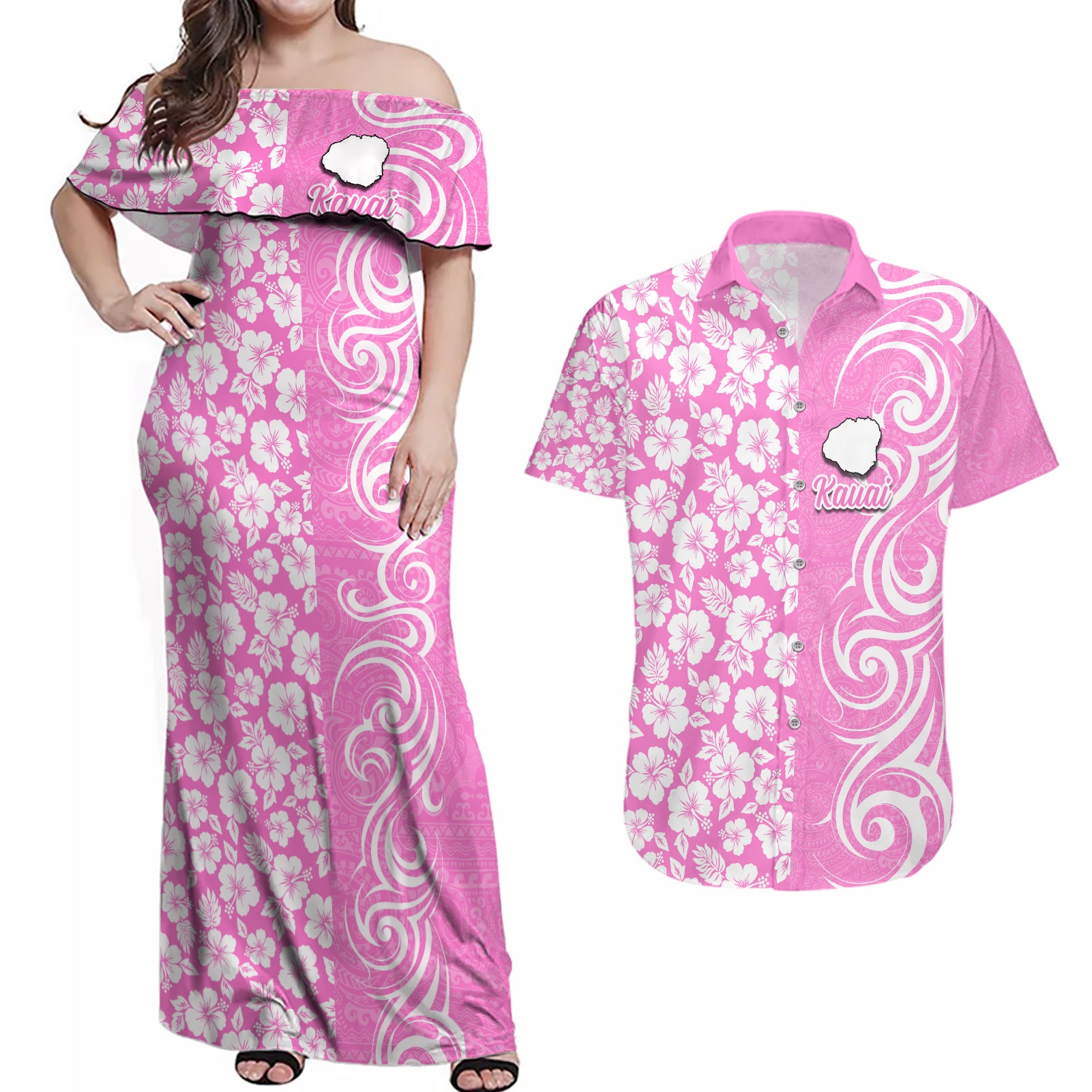 Custom Hawaii Kauai Island Couples Matching Off Shoulder Maxi Dress and Hawaiian Shirt Hibiscus Pattern Seamless Tribal Simple Pink LT03 Pink - Polynesian Pride