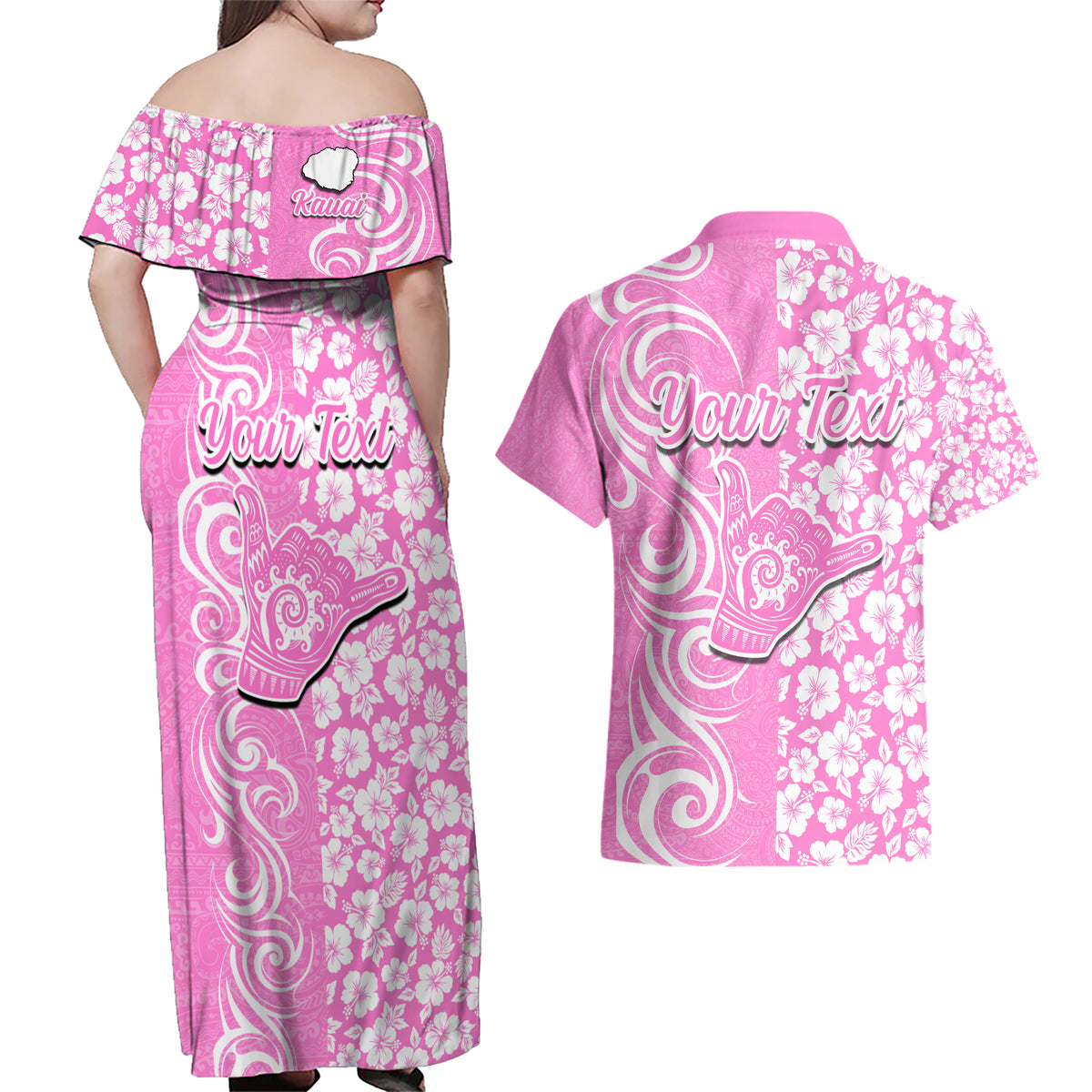 Custom Hawaii Kauai Island Couples Matching Off Shoulder Maxi Dress and Hawaiian Shirt Hibiscus Pattern Seamless Tribal Simple Pink LT03 - Polynesian Pride