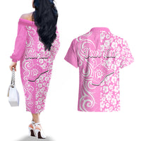 Custom Hawaii Kauai Island Couples Matching Off The Shoulder Long Sleeve Dress and Hawaiian Shirt Hibiscus Pattern Seamless Tribal Simple Pink LT03 - Polynesian Pride