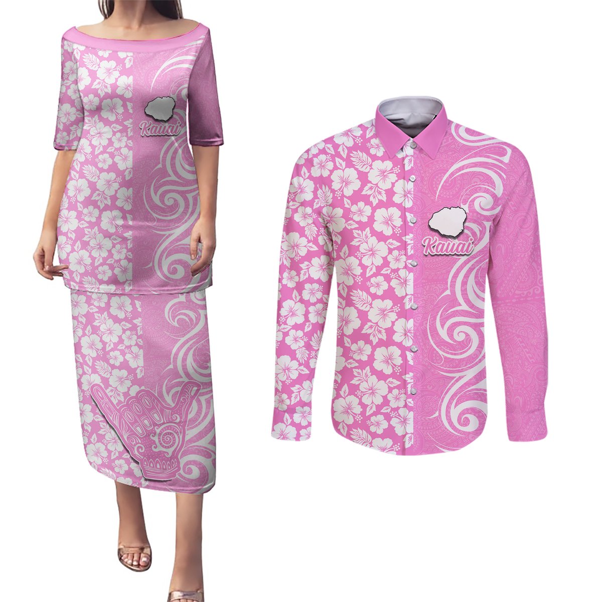 Custom Hawaii Kauai Island Couples Matching Puletasi Dress and Long Sleeve Button Shirts Hibiscus Pattern Seamless Tribal Simple Pink LT03 Pink - Polynesian Pride